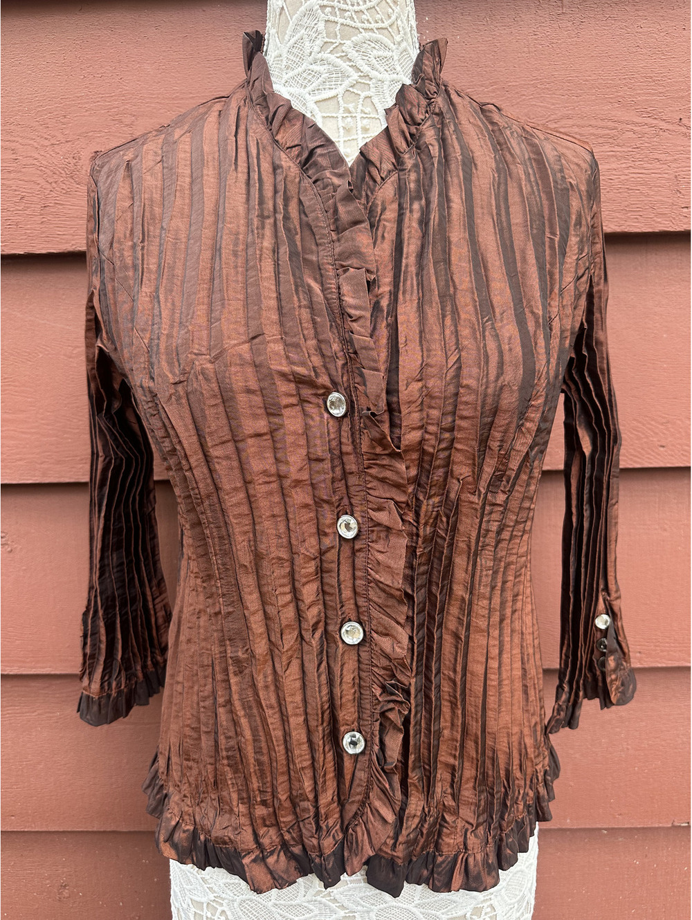Agora‎ Metallic Copper Accordion Pleated Blouse with Ruffle Trim